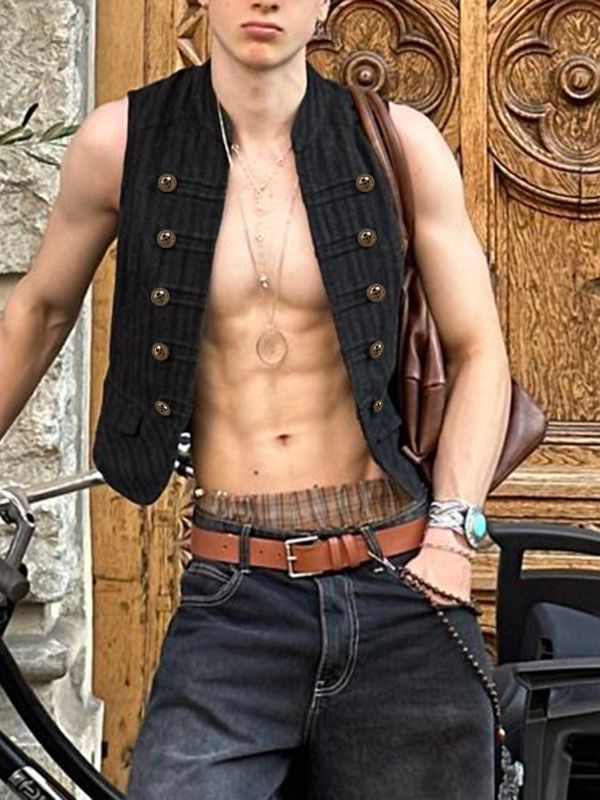 Men's Military Pinstripe Mandarin Collar Double-Breasted Waistcoat SKUL57694