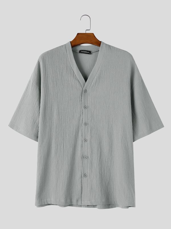 Men's Early Autumn Vacation Crinkle Texture Solid Button Down Short Sleeve Shirt SKUL81227