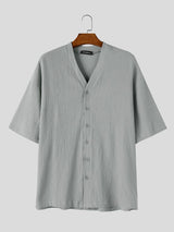 Men's Early Autumn Vacation Crinkle Texture Solid Button Down Short Sleeve Shirt SKUL81227