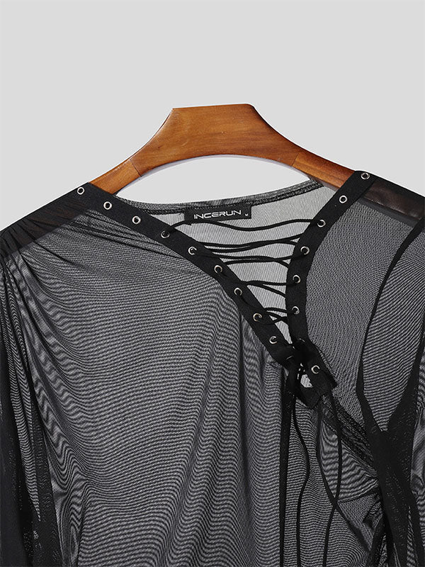 Men's Sheer Mesh Eyelet Long Sleeve T-Shirt SKUL24799