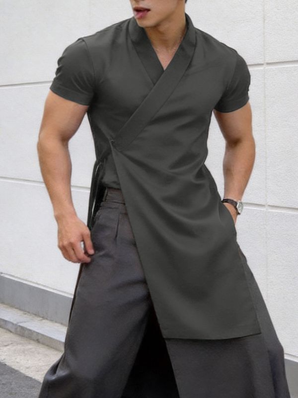 Men's Solid Color Tie Short Sleeve Cardigan SKUL60272