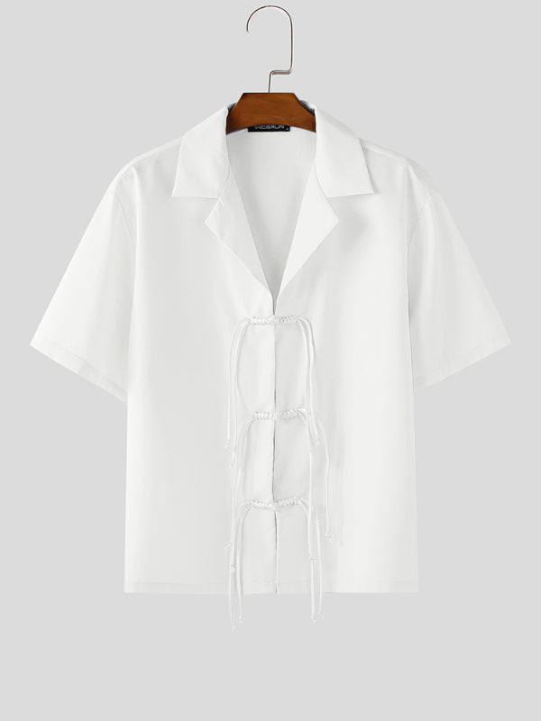 Mens Solid Color Lace-Up Short Sleeve Shirt SKUL09336