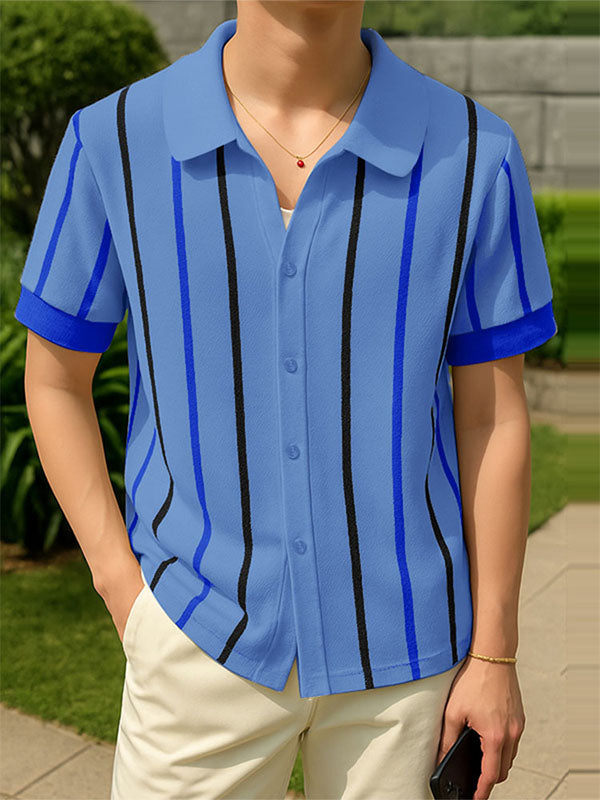 Men's Vertical Stripe Colorblock Short Sleeve Shirt SKUL23895