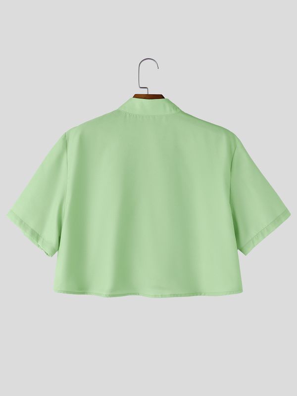 Men's Avant-Garde Trompe L'oeil Tie Print Deconstructed Mandarin Collar Cropped Short Sleeve Shirt SKUL65900