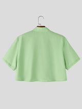 Men's Avant-Garde Trompe L'oeil Tie Print Deconstructed Mandarin Collar Cropped Short Sleeve Shirt SKUL65900