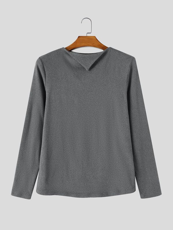 Men's Korean Minimalist City Date Asymmetric Fold-Over Collar Slim-Fit T-shirt SKUL84569