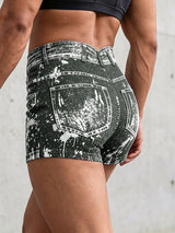 Men's Faux Denim Splatter Print High-Waisted Booty Short SKUL75678