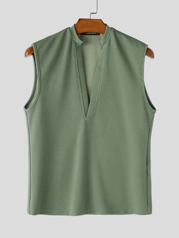Men's Avant-Garde Deconstructed Mock Neck Waffle Texture Fitted Tank SKUL72766