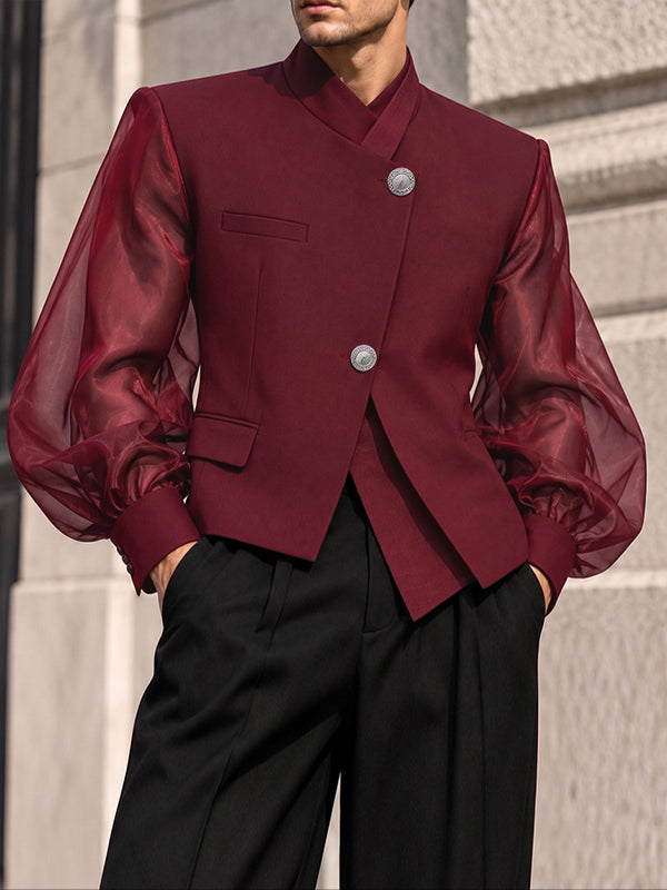 [Pre-order] Men's Neo-Chinese Chic Evening Gala Sheer Lantern Sleeve Metallic Button Wrap Blazer SKUL89208