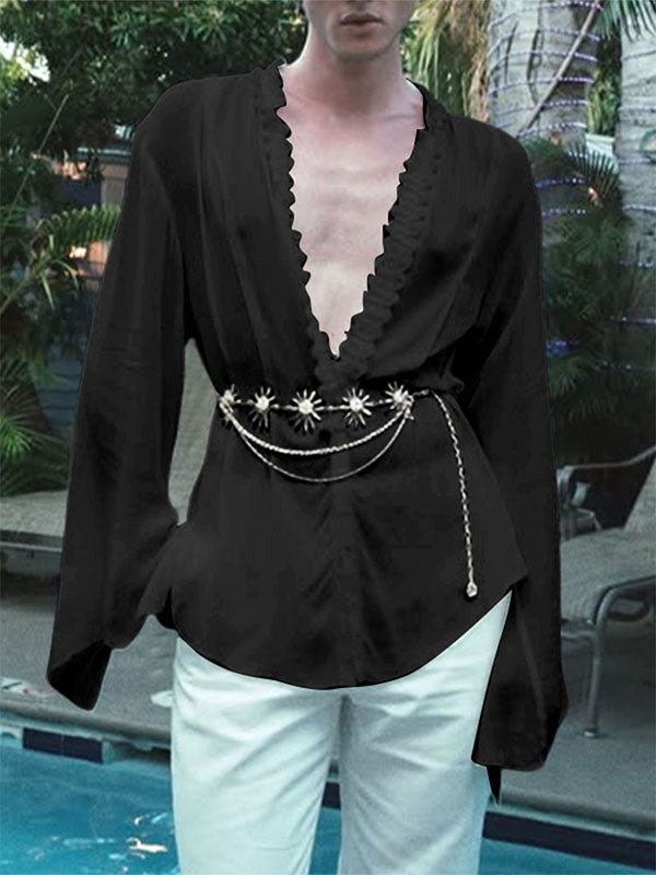 Men's Sheer Lace Patchwork Long Sleeve Shirt SKUL25962