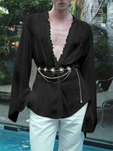 Men's Sheer Lace Patchwork Long Sleeve Shirt SKUL25962