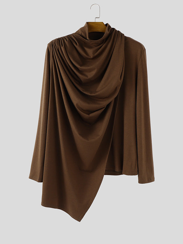 Men's Solid Ruched Drape Neck Long Sleeve T-Shirt SKUL28150