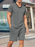 Mens Solid V-Neck Short Sleeve Two Pieces Outfits SKUK51703