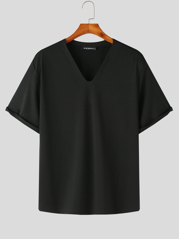 Mens Solid V-Neck Short Sleeve Loose T-Shirt SKUK16255
