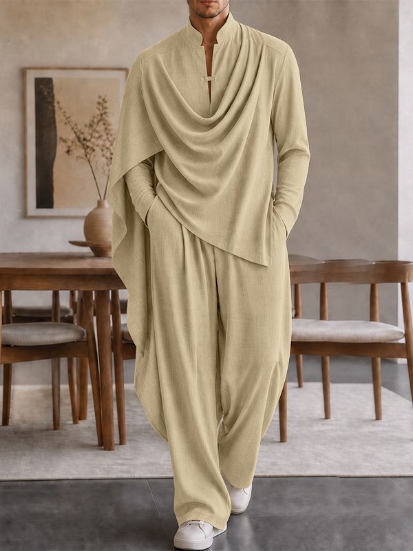 Men's Zen Minimalist Art Exhibition Draped Cape Collar Frog Button Two Pieces Outfit SKUL85354