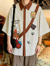Men's Japanese Vintage Vertical Stripe Cartoon Bear Print Contrast Lapel Short Sleeve Shirt SKUL59664