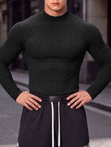 Men's Athletic Gym 3D Grid Textured Embossed Muscle Fit Raglan Long Sleeve Mock Neck T-shirt SKUL83423