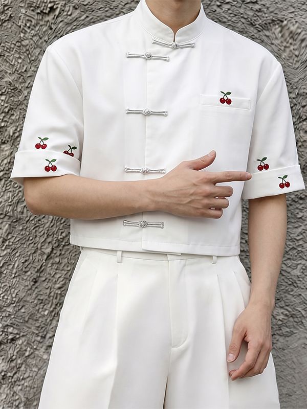 Men's Modern Chinese Mandarin Collar Frog Button Cherry Print Cropped Short Sleeve Shirt SKUL60983