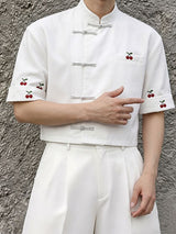 Men's Modern Chinese Mandarin Collar Frog Button Cherry Print Cropped Short Sleeve Shirt SKUL60983