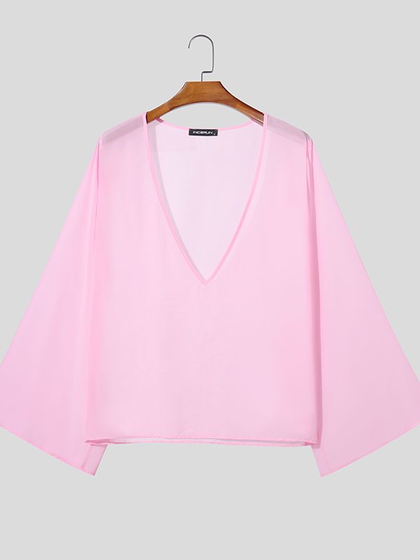 Men's Sheer Deep V Neck Long Sleeve Shirt SKUL51808