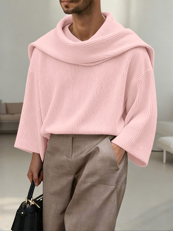 Men's Solid Color Textured Drape Neck Long Sleeve Sweater SKUL45163