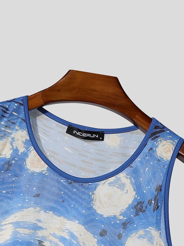 Men's High Street Wear Starry Night Oil Painting Sheer Mesh Casual Tank SKUL55292
