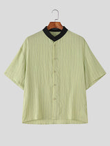 Mens Striped Colorblock Stand Collar Short Sleeve Shirt SKUL17927