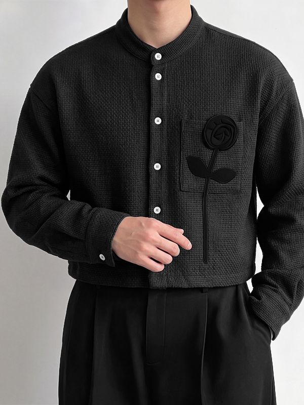 Men's Clean Fit 3D Rose Flower Patch Pocket Waffle Texture Long Sleeve Band Collar Shirt SKUL82419