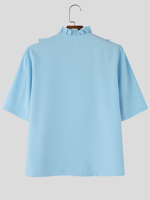 Men's Avant-Garde Romantic Ruffle Trim V-Neck Tie Front Puff Sleeve Shirt SKUL58757
