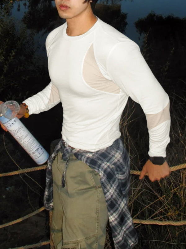 Men's Sheer Mesh Patchwork Long Sleeve T-shirt SKUL46211