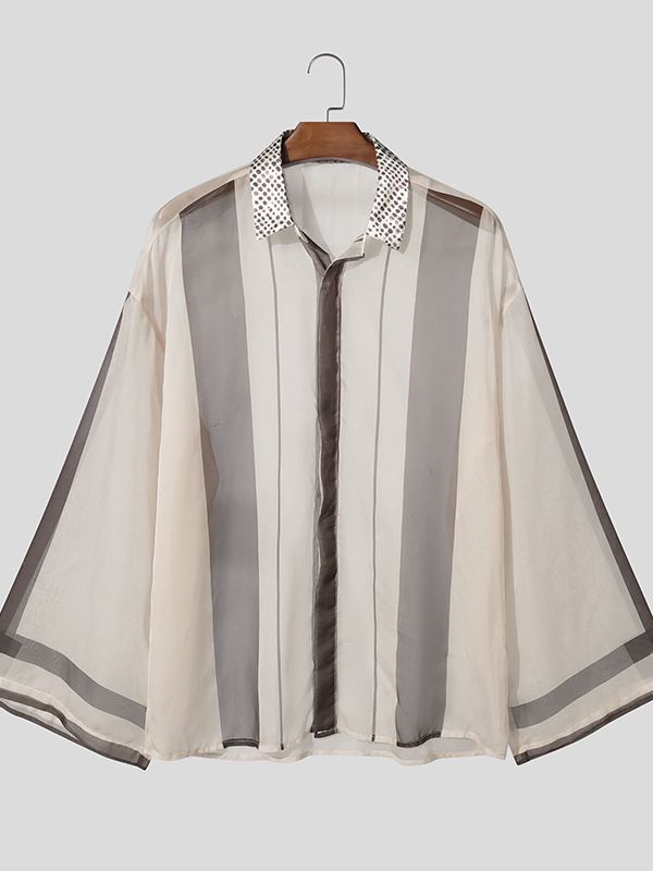 Men's Retro Early Autumn Sheer Stripe Contrast Polka Dot Lantern Long Sleeve Lapel Collar Shirt SKUL77321