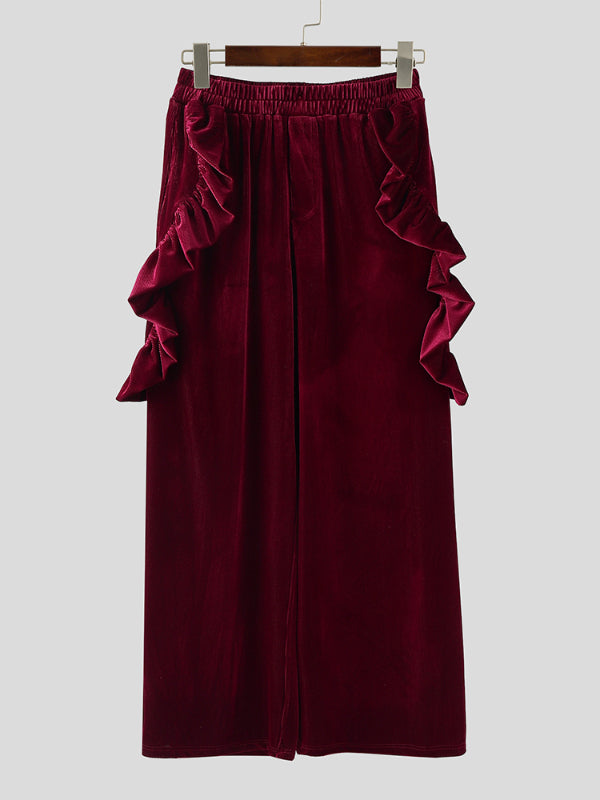 Men's Ruffled Patchwork Wide Leg Velvet Pant SKUL30412