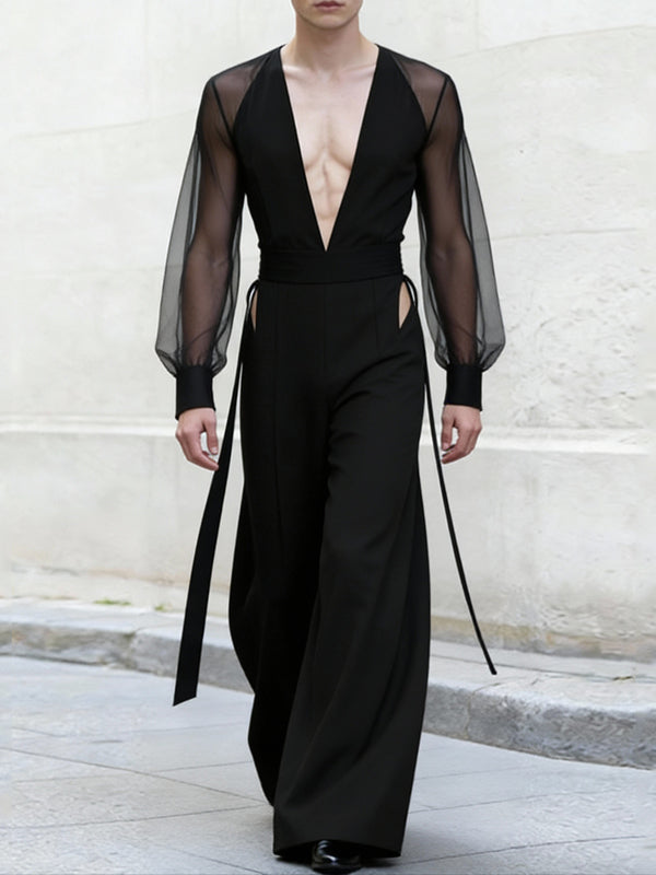 Men's Ribbon Design Sheer Mesh Long Sleeve Jumpsuit SKUL53285
