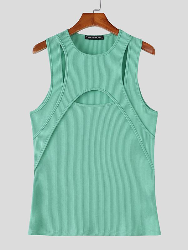 Men's Avant-Garde High-Street Aesthetic Deconstructed Multi-Cutout Ribbed Fitted Muscle Tank SKUL69231