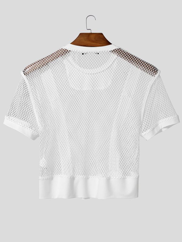 Men's Avant-Garde Sheer Mesh Harness-Detail Cropped Short Sleeve T-shirt SKUL57685