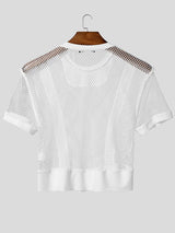 Men's Avant-Garde Sheer Mesh Harness-Detail Cropped Short Sleeve T-shirt SKUL57685