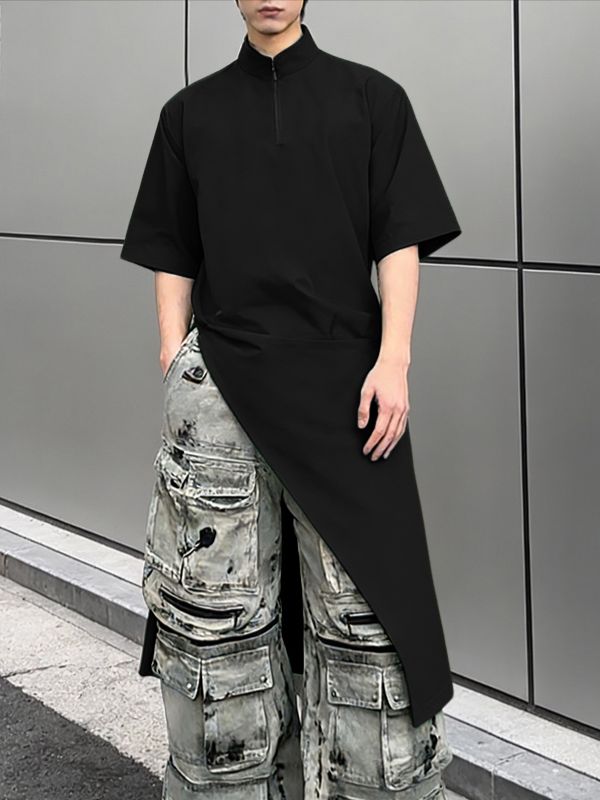 Men's Solid Color Asymmetric Longline Half Zip Short Sleeve Shirt SKUL56315