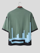 Men's Cyberpunk Pixel Art Style Pixel Graphic Print Mock Neck Button Short Sleeve T-shirt SKUL60730