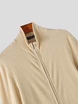 Men's Early Autumn Urban Casual Full Zip Ribbed Long Sleeve Stand Collar Cardigan SKUL79623