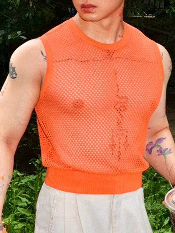 Mens Sheer Mesh Hollow-Out Crew Neck Tank SKUL18803