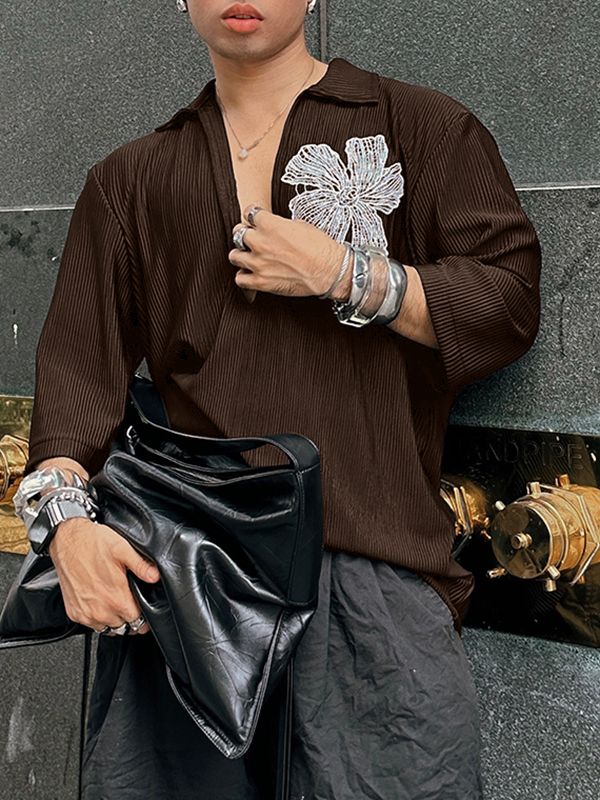 Men's Floral Embroidered Texture Long Sleeve Shirt SKUL31899