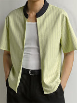 Mens Striped Colorblock Stand Collar Short Sleeve Shirt SKUL17927