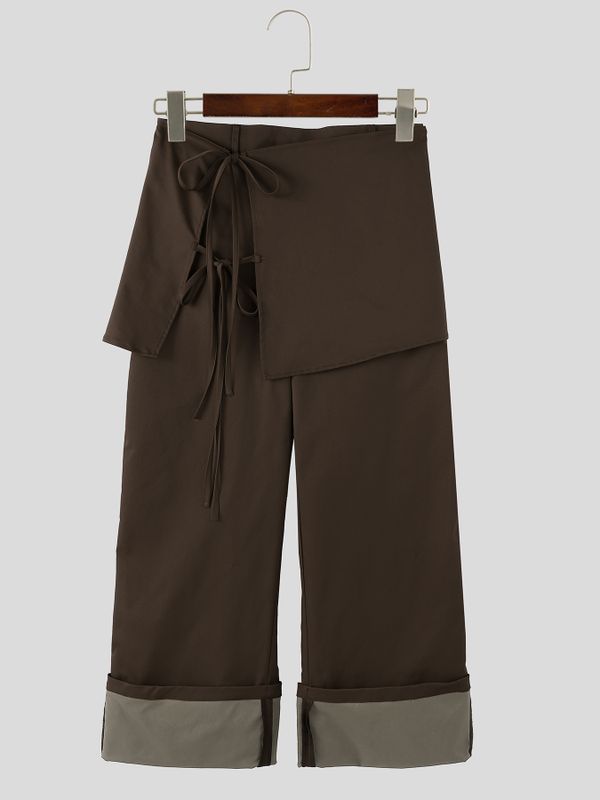 Men's Retro Party Ribbon Wrap Front Turn-Up Wide Cuff Loose Pant SKUL80624