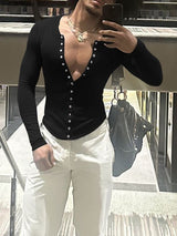 Men's Minimalist Textured Deep V Neck Long Sleeve T-shirt SKUL46565