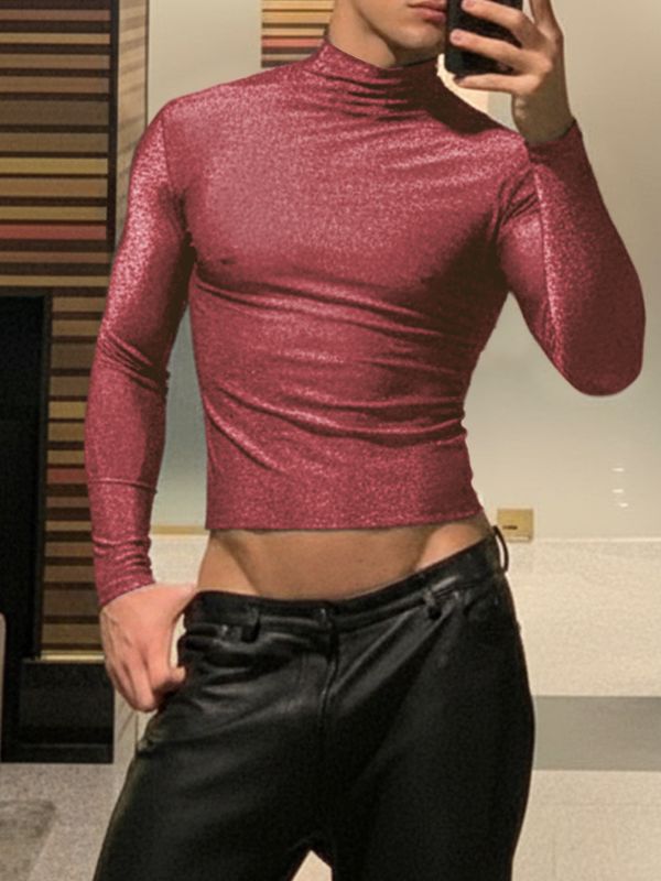 Men's Party Style Shiny Cropped Long Sleeve T-Shirt SKUL37694