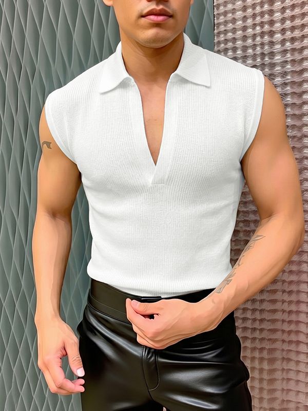 Men's Avant-Garde Retro Open Placket Deep V-Neck Ribbed Fitted Sleeveless Polo Tank SKUL73668