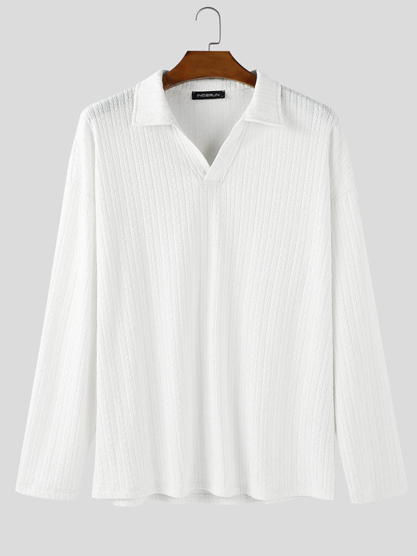 Men's Solid Color Textured Lapel Long Sleeve Shirt SKUL31645