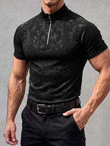 Men's Quiet Luxury Jacquard Floral Metal Quarter Zip Short Sleeve Mock Neck T-shirt SKUL83509