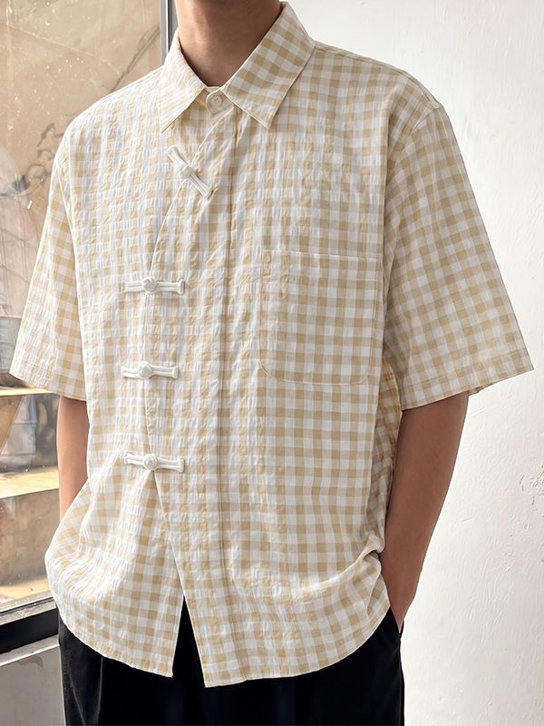 Men's Neo-Chinese Zen Gingham Plaid Frog-Button Shirt SKUL62082
