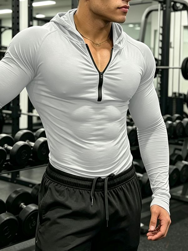 Men's Muscle Bodybuilding Gym Workout Deep Zipper Neck Form-Fitting Hoodie SKUL84617